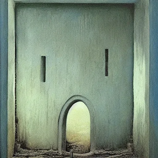 Prompt: painting by zdzislaw beksinski of a door, zyklon blue, detailed, far shot, graveyard