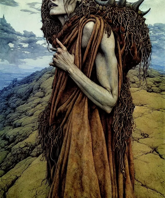 Image similar to A detailed horned goatwoman stands among the hills. Wearing a ripped mantle, robe. Perfect faces, extremely high details, realistic, fantasy art, solo, masterpiece, art by Zdzisław Beksiński, Arthur Rackham, Dariusz Zawadzki