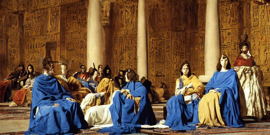 Image similar to beautiful oil matte portrait painting, ancient senators in royal crimson robes sit in tribunes of an egyptian blue palace hall, art by anders zorn, highly detailed, beautiful cinematic light deep focus, elegant, digital painting, smooth, sharp focus, golden ratio, dramatic illumination, art by artemisia lomi gentileschi and caravaggio