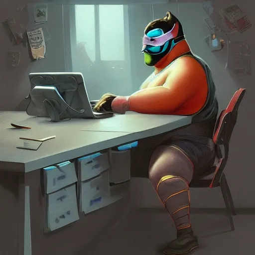 Image similar to a insanely detailed painting of a fat masked superhero wearing a costume sitting at a desk, staring at the nervously at the computer and clicking on the mouse, in the style of peter mohrbacher, dramatic lighting and composition, trending on artstation, concept art, comic book