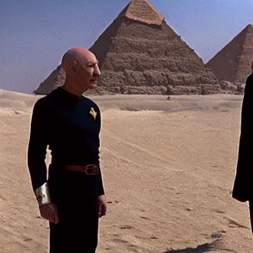 Image similar to captain jean - luc picard having a conversation with professor x charles xaiver in ancient egypt wide angle shot