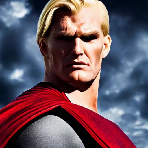 Image similar to portrait of a evil blonde superman two sides hair and thin face lines, his cape is the american flag, he is angry, 8 k, hyper realistic, movie imax shot, film, cinematography, red