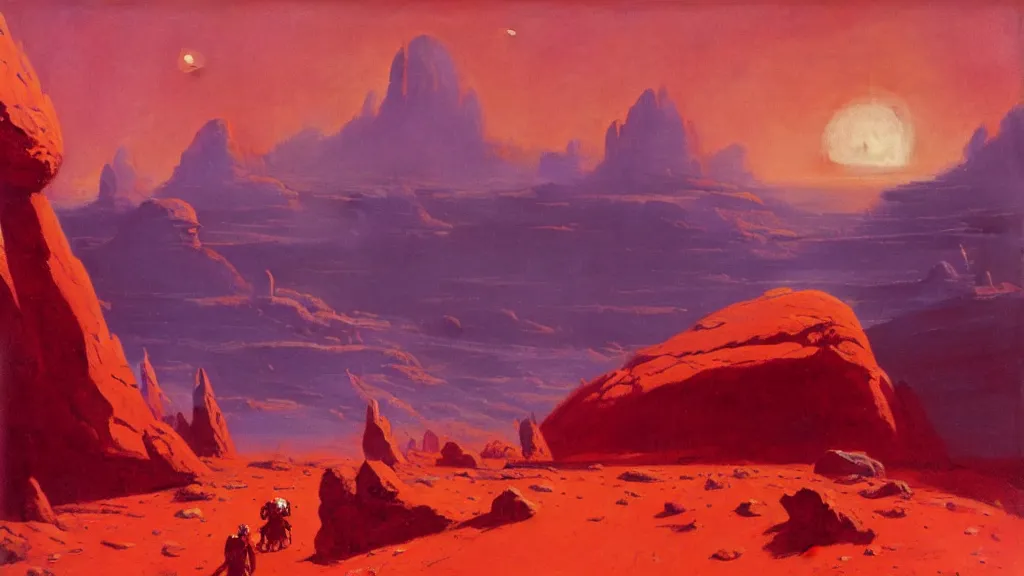 Image similar to mars empire of the mountains by paul lehr and john schoenherr, cinematic matte painting