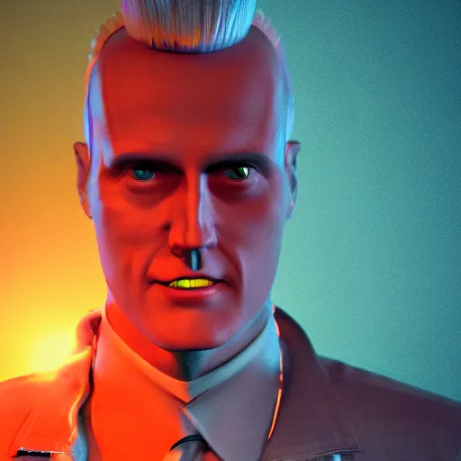 Image similar to a hyperrealistic 3 d render of max headroom on a vintage tv, octane render, unreal engine, 8 k, trending on artstation, ultra detailed, volumetric lighting, dramatic lighting, lasers, neon