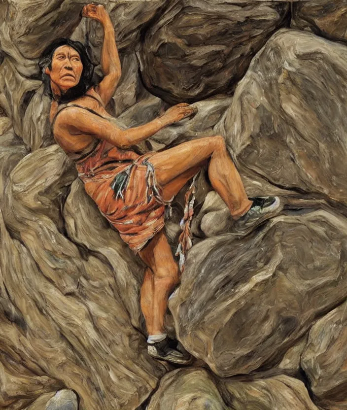 Image similar to indigenous woman climbing rocks, painted by lucian freud, hd, super detailed, realistic, muted colors