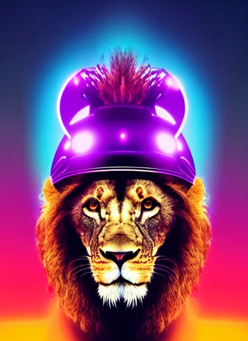 Image similar to portrait of a lion wearing a futuristic helmet, synth - wave,