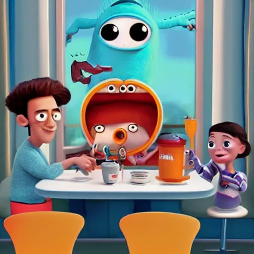 Image similar to cute monsters in a diner, Pixar style