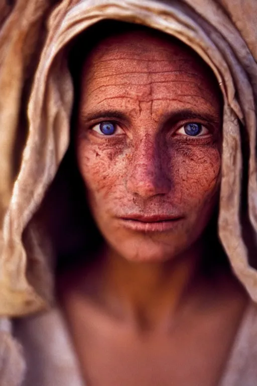 Image similar to close up portrait photography of a white woman with bright eyes standing in desert at night, 35mm, film photo, steve mccurry