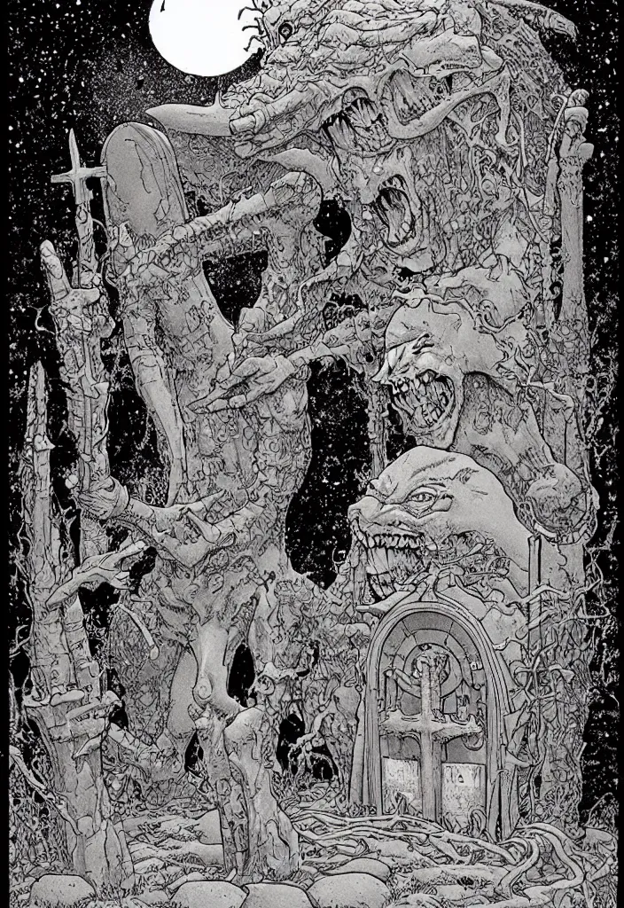 Image similar to by moebius and atey a monster in a graveyard |