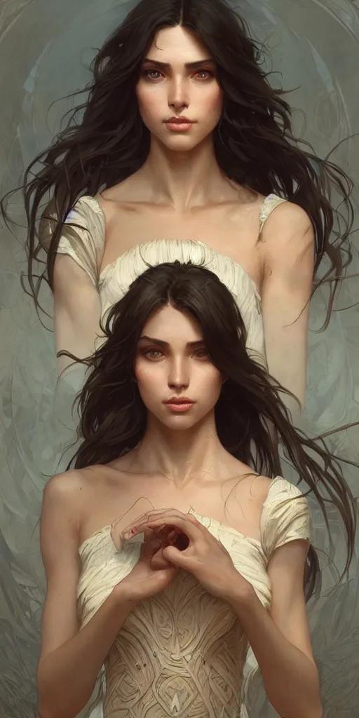 Image similar to an attractive young female, olive skin, long dark hair, beautiful bone structure, intricate, elegant, highly detailed, digital painting, artstation, concept art, smooth, sharp focus, illustration, art by artgerm and greg rutkowski and alphonse mucha