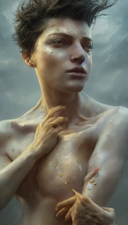 Image similar to epic masterpiece sadness, drama, sweaty skin, hyperrealistic, expressive, emotional, moody, back light, keylight, professional photography, octane render, cinematic, beautiful face and flawless skin, perfect hands, 5 fingers, yellow by Edgar Maxence and Ross Tran and Michael Whelan and Lorenzo Sperlonga, Brom, Legends of Runeterra