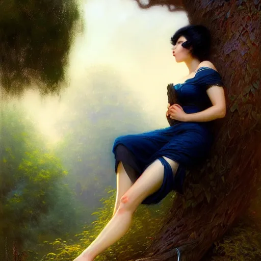 Image similar to portrait of a strong woman resting on a large tree, short black hair, thoughtful experssion, slender dark blue clothing, bare legs sharp focus, ultra realistic digital painting, colorful, cinematic lighting, high fantasy, intricate, highly detailed, smooth, elegant, gaston bussiere, bayard wu, greg rutkowski