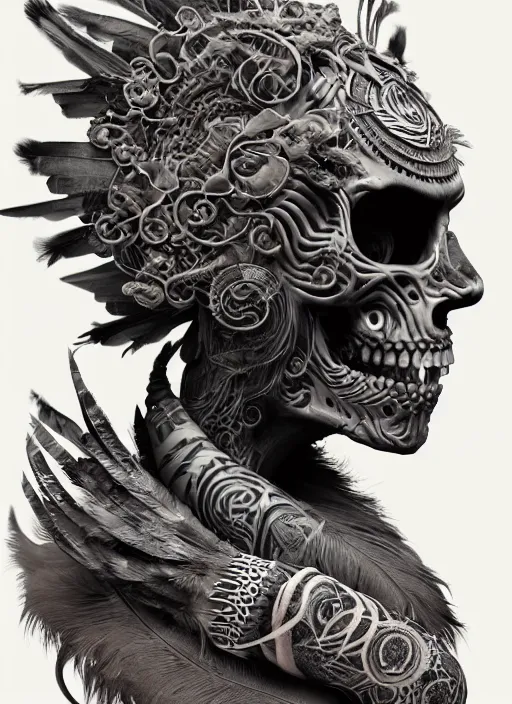 Image similar to 3 d shaman with tattoos profile portrait, sigma 5 0 0 mm f / 5. beautiful intricate highly detailed quetzalcoatl skull and feathers. bioluminescent, plasma, lava, ice, water, wind, creature, thunderstorm! artwork by tooth wu and wlop and beeple and greg rutkowski, 8 k trending on artstation,