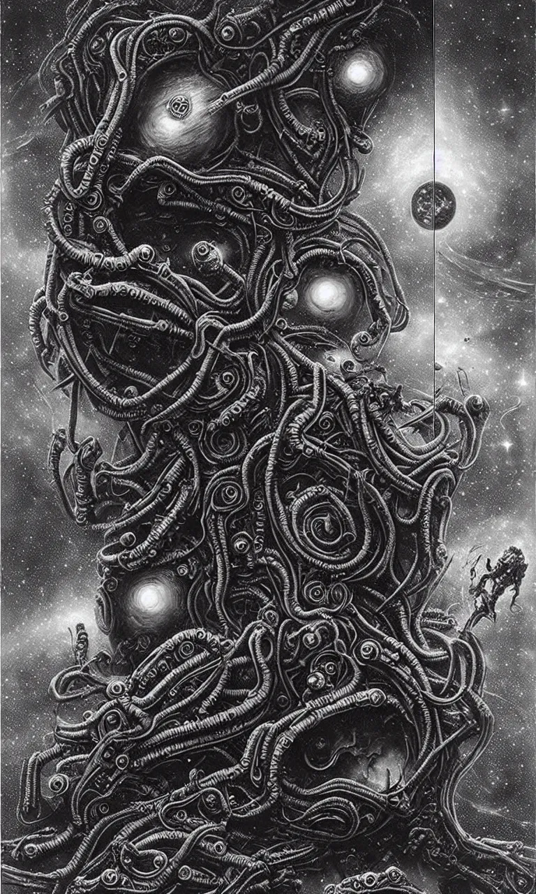 Image similar to 3D Lovecraftian and Astronaut pareidolia, cosmic horror concept, discovery concept, engineered by H.R. Giger, painter by gustave doré