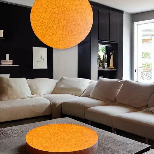 Image similar to a living room illuminated by a glowing orb placed on the coffee table