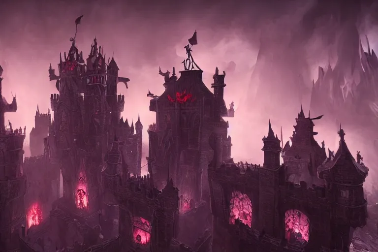 Image similar to big evil castle - city rock dark shadow elves, might and magic heroes vii, dark fantasy, shadows, artstation trending, unreal engine 5, red