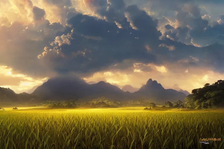 Prompt: a beautiful landscape illustration of Gunung Jerai, Yan, Malaysia with a paddy field, dramatic sky, cinematic lighting, wide angle, sunrise, award winning, 8K realistic art by artgerm and greg rutkowski and alphonse mucha