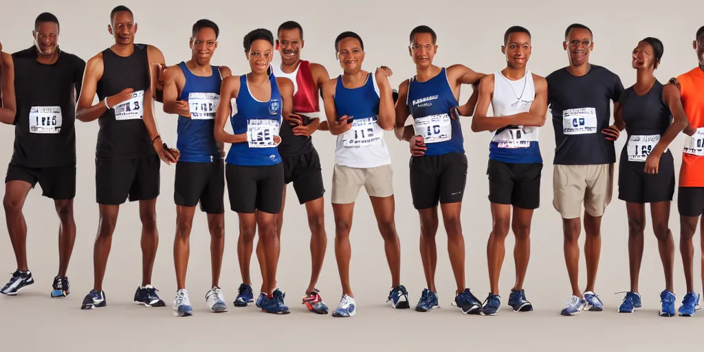 Image similar to Studio Photograph of starting line of many diverse marathon runners. multiple skintones. Warm atmosphere. Beige and black. Frontal. Shot on 30mm Lens. Advertising Campaign. Wide shot. Studio lighting. White background.