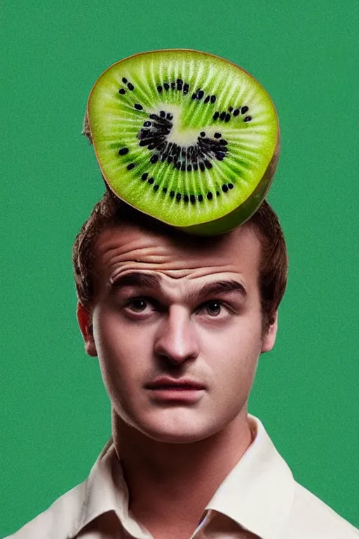 Image similar to 📷 joe keery kiwi fruit face 🥝, made of food, head portrait, dynamic lighting, 4 k