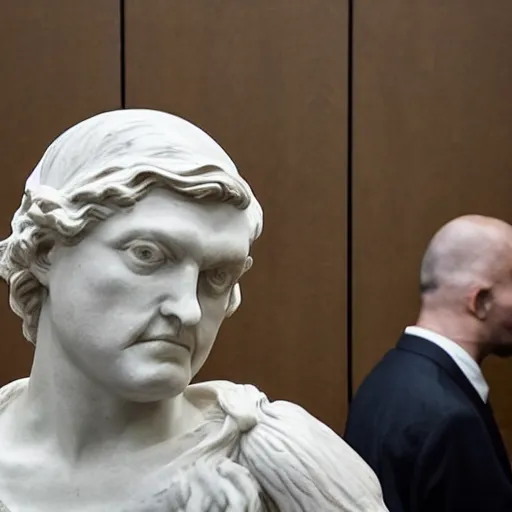 Image similar to Courtroom photograph of a marble statue angry with his attorney