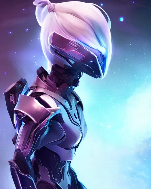 Image similar to perfect android girl on a mothership, warframe armor, beautiful face, scifi, futuristic, galaxy, nebula, raytracing, dreamy, long white hair, blue cyborg eyes, sharp focus, cinematic lighting, highly detailed, artstation, divine, by gauthier leblanc, kazuya takahashi, huifeng huang