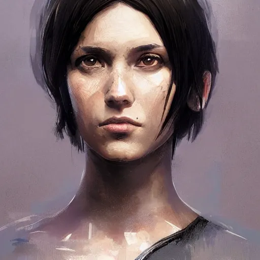 Prompt: Portrait of a woman by Greg Rutkowski, she is about 20 years old, british, black bob hair, young, attractive, slim, badass, hardened but somehow friendly look, she is wearing futuristic military fatigues, highly detailed portrait, scifi, digital painting, artstation, concept art, smooth, sharp foccus ilustration, Artstation HQ