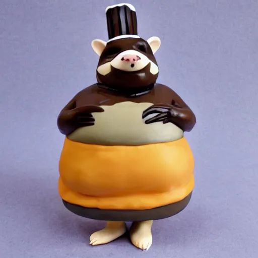 Image similar to pvc figurine of a fat badger chef holding a cake