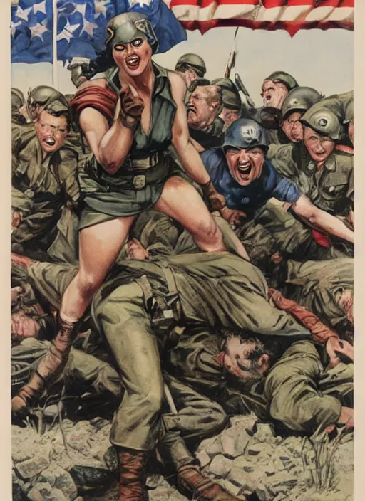 Image similar to female captain america standing on a pile of defeated german soldiers. female captain america wins wwii. american wwii propaganda poster by james gurney. ve day