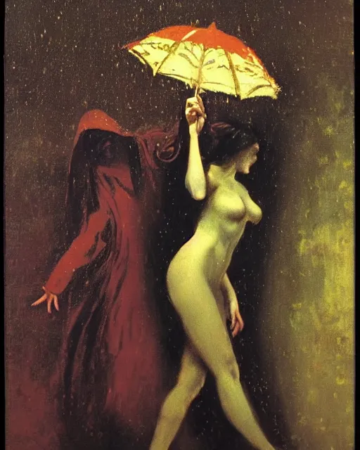 Prompt: a baroque painting of a girl meeting the devil in the rain at night, 1 9 7 0 s, seventies, wallpaper, delicate embellishments, painterly, offset printing technique, by brom, robert henri, walter popp