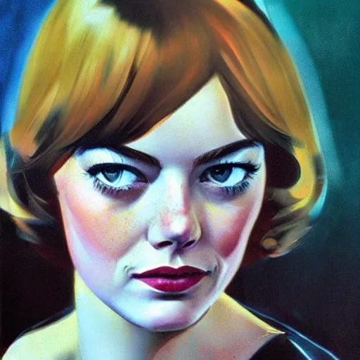 Image similar to emma stone in soviet street 1 9 7 0 s, sharp focus, detailed, art by artgerm trufanov rolf armstrong, lucian freud dragan bibin