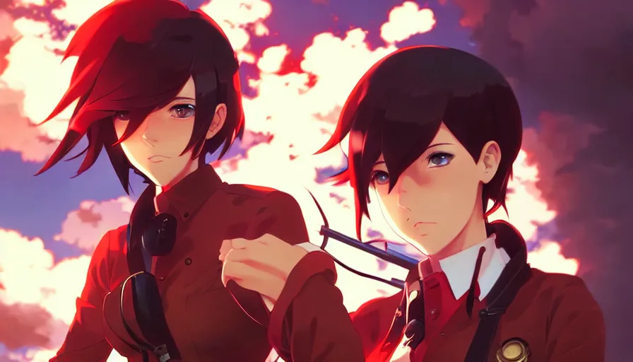 Image similar to makoto shinkai, artgerm, ilya kuvshinov, steampunk beautiful anime woman, red shirt brown pants, black and red hair hair, symmetrical face, symmetrical eyes, action scene, shooting fire war, detailed, summer setting, cinematic lighting