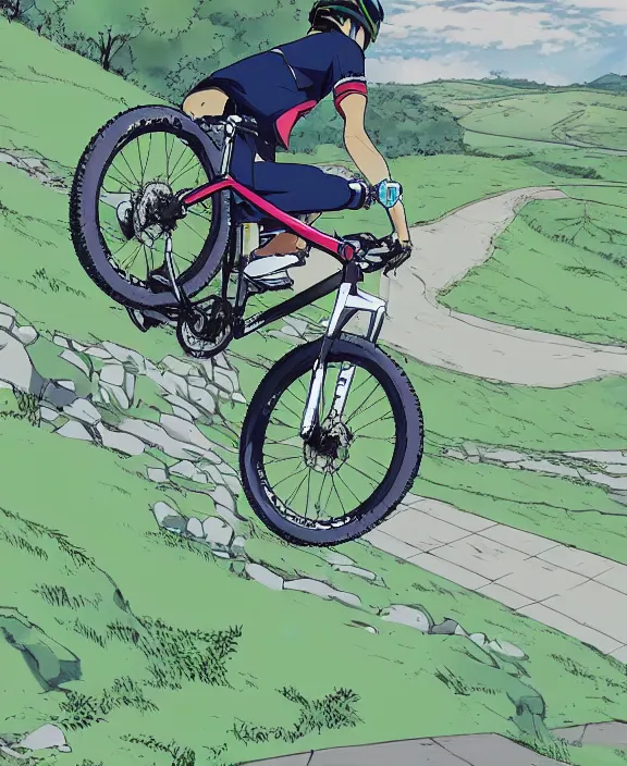 Image similar to an anime drawing of a mountain biker shredding a berm, 4k resolution, detailed, trending on artstation