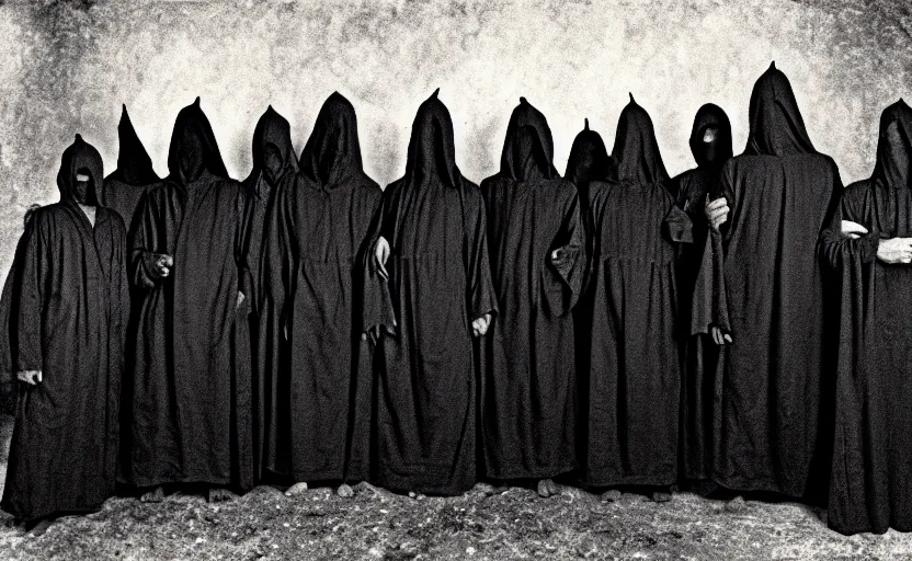 Prompt: a old grainy 1 8 0 0 s black and white photo of a group of demonic cultists, wearing robes, wearing hoods, performing a ritual, grainy, old photo, golden ratio, scary, horror photography, 5 0 mm lens, f 1. 8