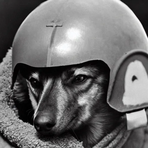 Prompt: close up of a corgi wearing soldier helmet in the battle, ww 2 historical photography, black & white