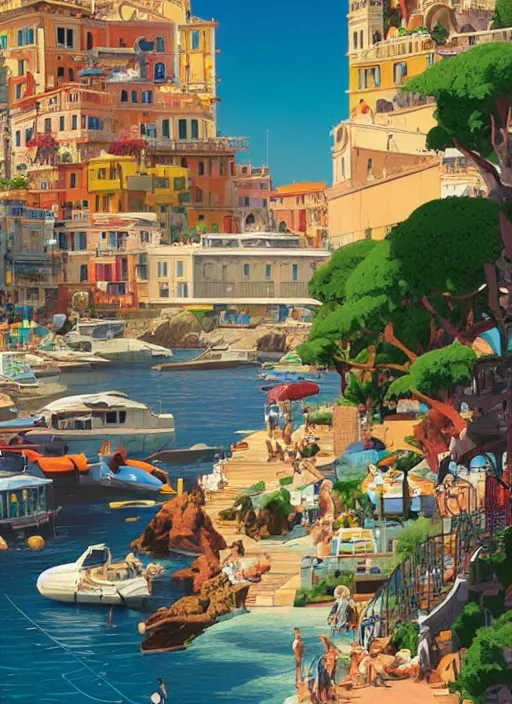 Prompt: Travel poster artwork by Michael Whelan and Tomer Hanuka, Rendering of travel to the italian riviera, high contrast, full of details, by Makoto Shinkai and thomas kinkade, Matte painting, trending on artstation and unreal engine