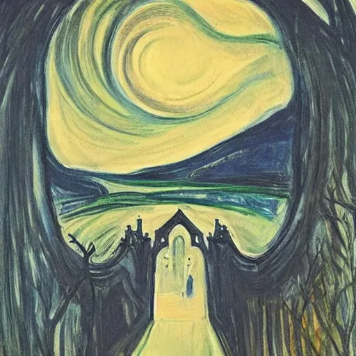 Image similar to beautiful gothic castle landscape in the style of Edvard Munch