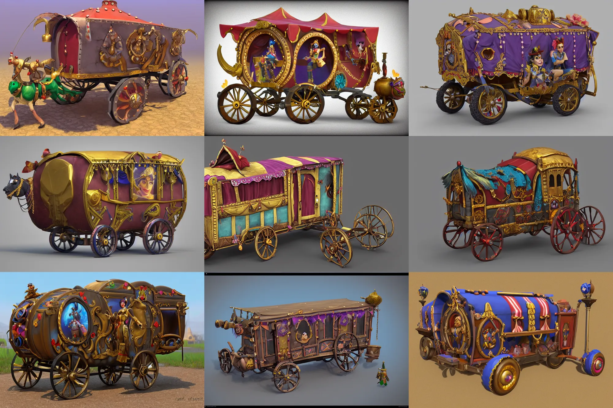 Prompt: 3d sculpt of a gypsy circus wagon, artstaton, overwatch, digital illustration