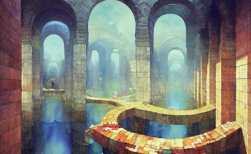 Image similar to tiled room squared waterway, aqueducts, fantasy. intricate, amazing composition, colorful watercolor, by ruan jia, by maxfield parrish, by marc simonetti, by hikari shimoda, by robert hubert, by zhang kechun, illustration, gloomy