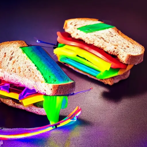 Image similar to an extremely high quality photo of a surreal neon-lightsaber-topaz-sandwich, the polymer clay ((sandwich)) creation, a hybrid mixture of sandwichopallightsaberrainbow and opalrainbowtopazlightsabers, promotional photo, 4k polymer clay food photography