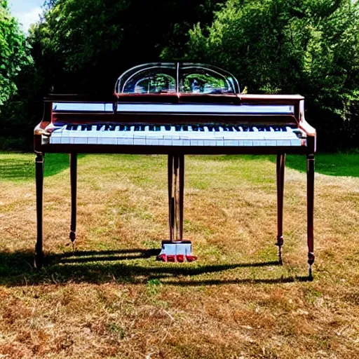 Prompt: a photo of a transparent perspex piano in a field, beams of light, nostalgic