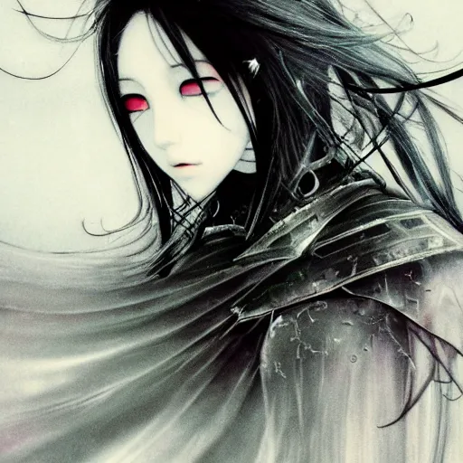 Image similar to Yoshitaka Amano blurred and dreamy illustration of an anime girl with black eyes, wavy white hair and cracks on her face wearing Elden ring armour with the cape fluttering in the wind, abstract black and white patterns on the background, noisy film grain effect, highly detailed, Renaissance oil painting, weird portrait angle