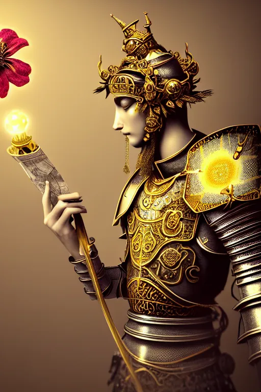 Image similar to hyperdetailed matte illustration of a knight wearing an ornate gold headpiece and holding a flower with a map of the collective subconscious in the background by octane render