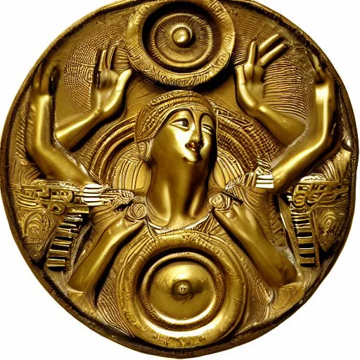 Prompt: gold disc embossed with the image of a human figure that represents a shamanic practitioner in the throes of spiritual ecstasy, ad 5 0 0 - 1 1 0 0