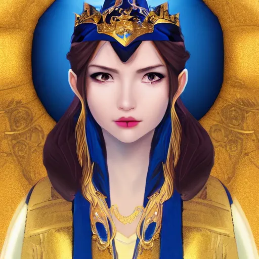 Prompt: a photographic portrait of an heroic fantasy 30 years old princess with a deep blue sapphire and gold diadem, warmer colours, by Zhang Jigna, canon 50mm, artstation