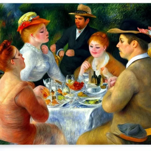 Prompt: fat orange tabby cat in luncheon of the boating party by renoir