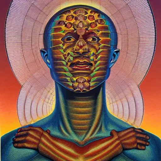 Prompt: atlas holding the world on his back by alex grey