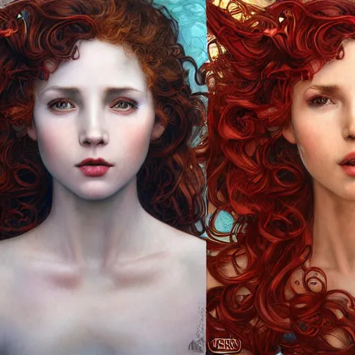 Image similar to Piranha Plantette Super Crown Girl with red curly hair drawn by Donato Giancola and Tom Bagshaw, face by Artgerm, overall design by Alphonse Mucha, background by James Jean and Gustav Klimt, light by Julie Bell, 4k, porcelain skin, komorebi, french nouveau, trending on artstation, octane render, hyperrealistic