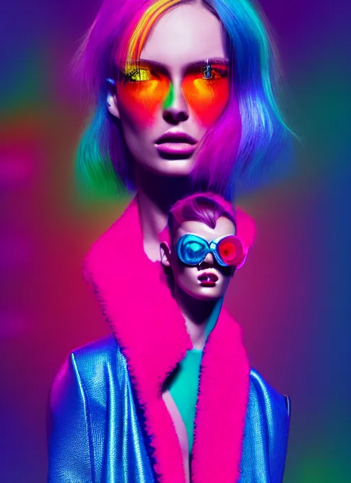 Prompt: stylish coat for a rave, bright colors, many details, prints, photo for a magazine, photo for a store, fashion photography, Vogue, 135 mm, cinematic, hyper realism, high detail, octane render, 8k, chrome accents, very coherent symmetrical artwork, perfect face model, full length photo, Upper and lower body