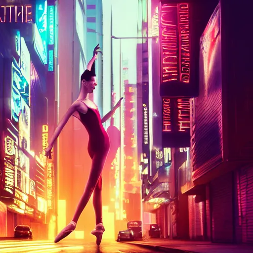 Image similar to professional photo of ballerina on cyberpunk street, synthwave, blade runner 2 0 4 9, hyperrealistic masterpiece, trending on artstation, cgsociety, kodakchrome, golden ratio, cinematic, composition, beautiful lighting, hyper detailed, sharp focus, octane render, 4 k, unreal engine