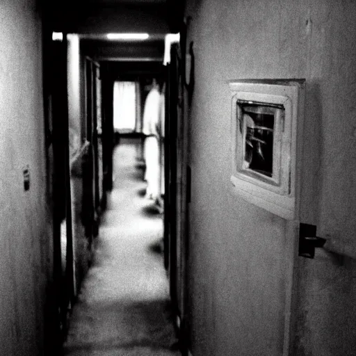 Prompt: creepy backrooms, abomination from hell in the hall, horror image, cctv footage, black and white, grayscale